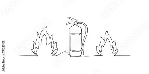 One line drawing of fire extinguisher and flames