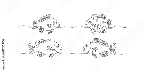 Four abstract fish swimming in a continuous line style