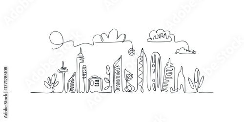 Continuous line drawing of a futuristic cityscape with organic elements