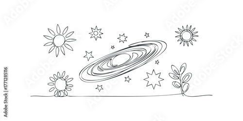 Whimsical spiral galaxy surrounded by abstract stars and sun shapes