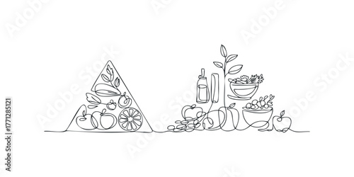 Single Line Drawing of Fruits Vegetables and Salad