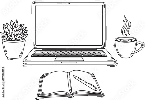 Creative workspace setup featuring open laptop plant coffee cup and notebook with pen drawing style vector