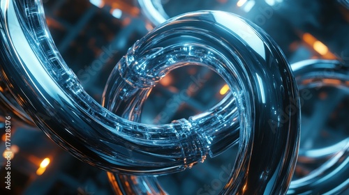 Twisted twin towers concept, interwoven liquid chrome and matte black titanium, glowing azure energy veins, cinematic twilight lighting, dynamic drone shot, real objects, detailed and simple form