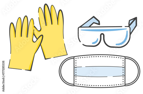 掃除や消毒などの作業で使う　マスク、手袋、目を保護するゴーグル