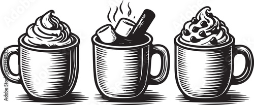 Three detailed etched style mugs of hot chocolate with whipped cream and marshmallows and cinnamon stick vector