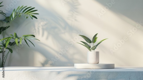 Refined 3D setup with white Roman column podium, showcasing a product in an ancient Greek setting, featuring a classic background and minimalist stage with greenery.