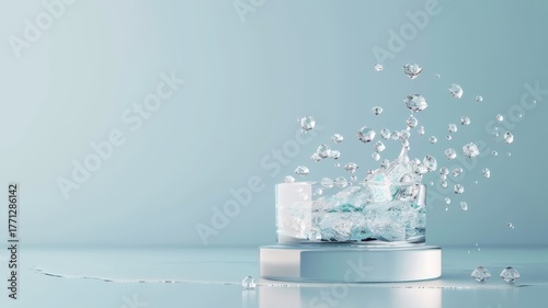 High-end 3D scene with crystal podium and diamond display, set against a blue background for luxury products.