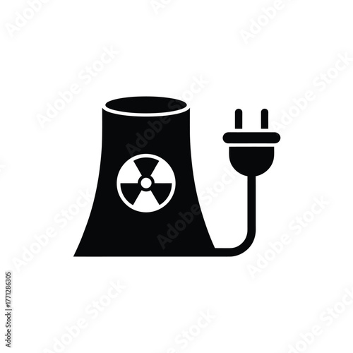 Nuclear power plant cooling tower connected to electrical plug icon