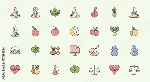 Wellness and Healthy Lifestyle Icon Set – Yoga, Meditation, Sleep, Nutrition, and Balance Line Icons in Pastel Colors for Mindfulness and Self Care Design