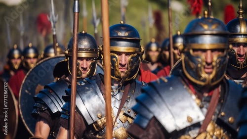 Wallpaper Mural Formidable Roman legion close‑up: grim soldiers in segmented armor and crested helmets hold the line, gritty cinematic texture and shallow depth conjure power, discipline and ancient empire authority Torontodigital.ca
