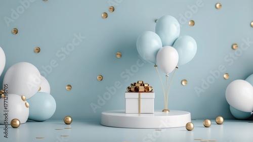 Blue 3D podium with a balloon backdrop, showcasing a gift box on a stage, ideal for birthday celebrations and product displays.
