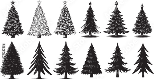 Collection of diverse christmas trees in black and white for festive holiday designs vector