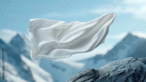 White silk cloth floating above a waterfall with snow-capped peaks in the distance.
