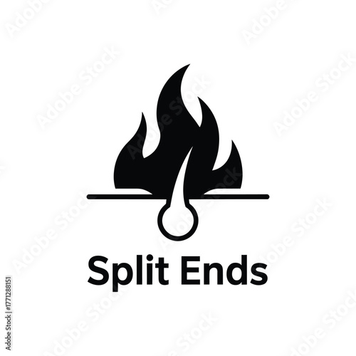 Icon representing split ends with fire and hair strand