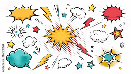 colorful comic action icon set speech bubbles