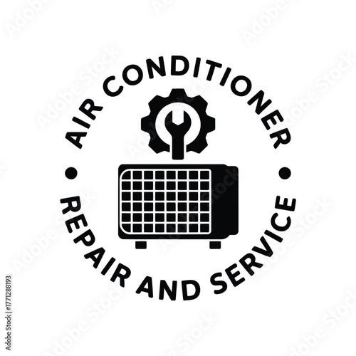 Air conditioner repair and service emblem with gear and wrench