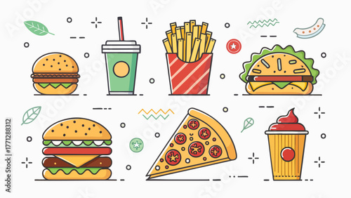 Set of Colorful Fast Food Icons - Burgers, Fries, Pizza and juices