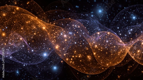 Abstract orange and blue waves sparkle with light against dark. Ideal for backgrounds, science and technology illustrations, and fantasy artworks.