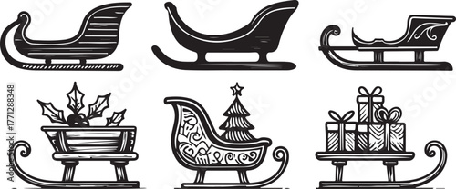Collection of six antique christmas sleigh designs featuring gifts ornaments and tree icons vector