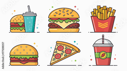 Set of Colorful Fast Food Icons - Burgers, Fries, Pizza etc