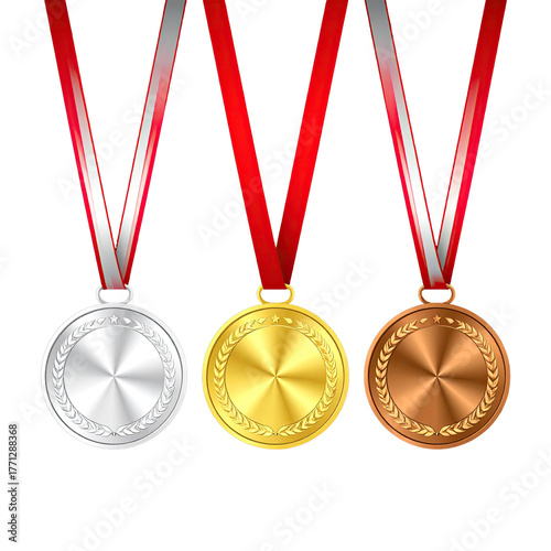 Three medals (gold, silver, bronze) with red ribbons