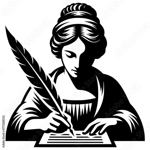 Woman Writing with Quill, Historical Scribe, Artistic Expression, black vector icon with transparent background 