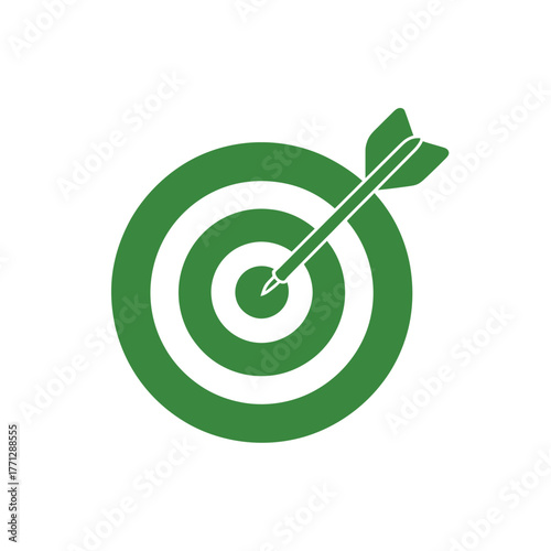 Green archery target with arrow in bullseye