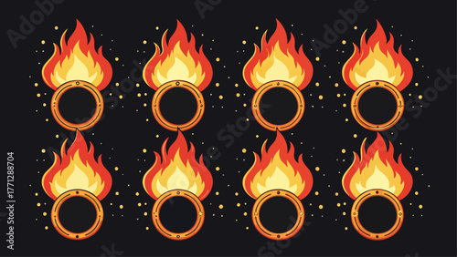 Set of Eight Fire Flames Icons on black background