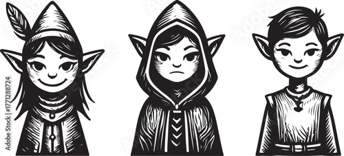 Enchanting trio of young fairies with pointed ears and whimsical attire stylized artistic portrayal vector