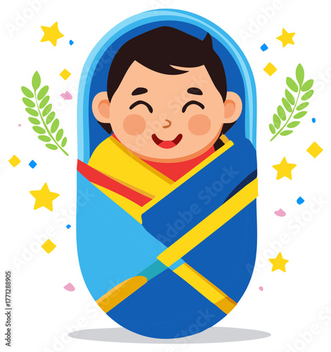 Happy Baby Wrapped in Blue and Yellow Swaddling Clothes with Stars and Leaves Decoration