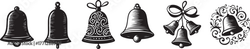 Collection of ornate vintage bells with ribbons and leaves festive holiday decorations vector