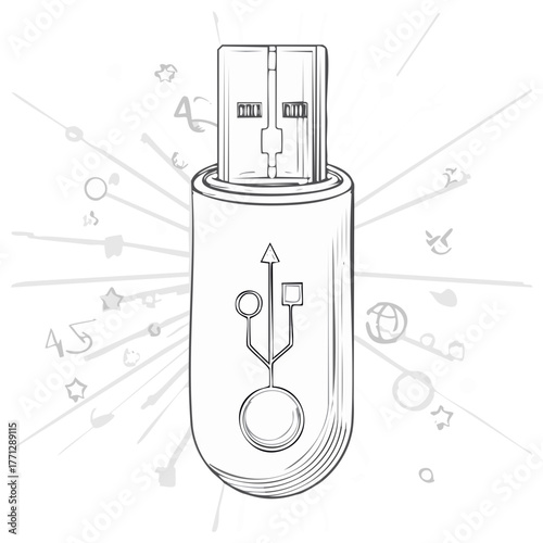 Usb Flash Drive Hand Drawn Sketch, Memory Stick Connector, Portable Data Storage Illustration, Technology Device