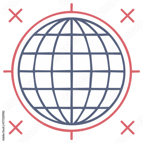 Hand drawn wireframe globe with red target marks and crosshairs for global strategy and location