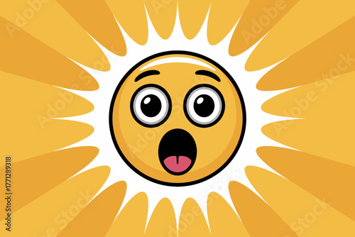 Surprised emoji sun with bursting rays background