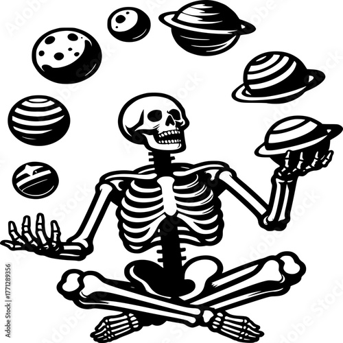 Cosmic Ballet: A skeletal figure gracefully juggles celestial bodies, evoking a sense of wonder and the dance of the cosmos. 