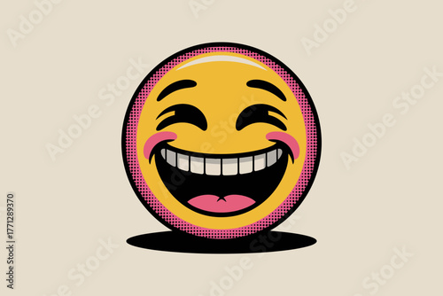 Joyful laughing emoji with pink cheeks and dotted border