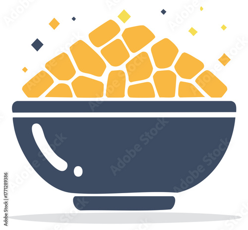 Stylized bowl filled with colorful fragments and sparkling particles