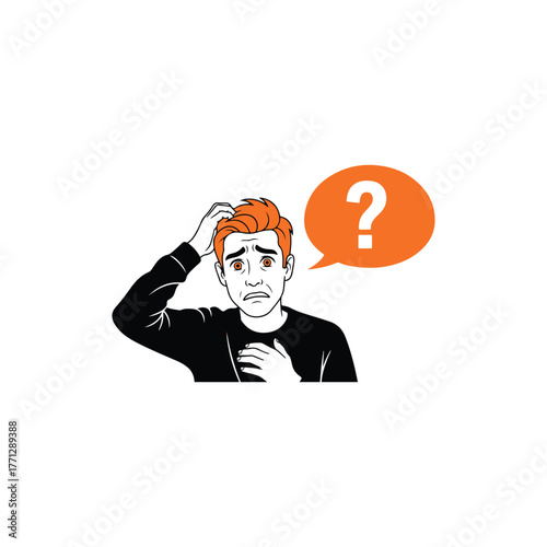 Illustration of a confused man with a question mark in a speech bubble is unsure of what to do