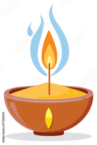 Traditional Indian Diya Oil Lamp with Stylized Flame Vector Illustration