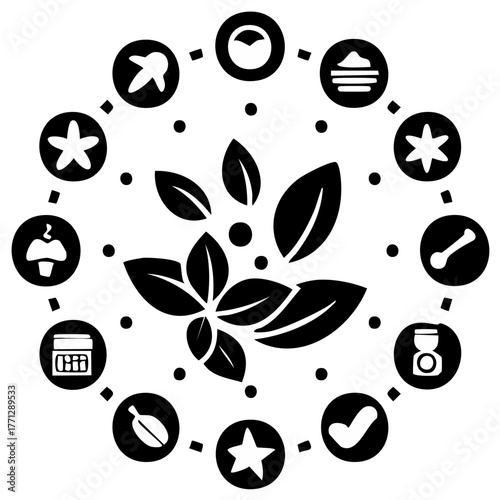 Fresh herb sprig encircled by a variety of nature ingredient and process icons illustration
