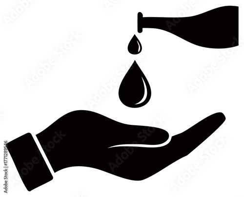 Icon of liquid drops pouring from a bottle into a hand for washing and sanitation