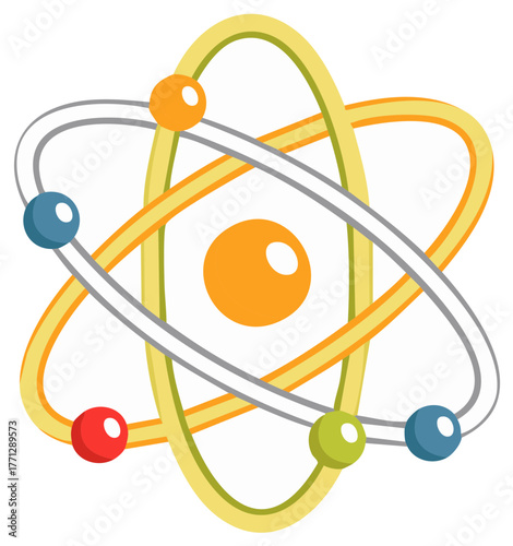 Stylized atom model with orbiting electrons and central nucleus illustration