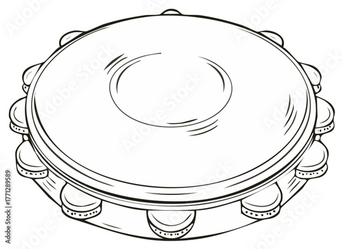 Simple black and white line art illustration of a traditional tambourine musical instrument