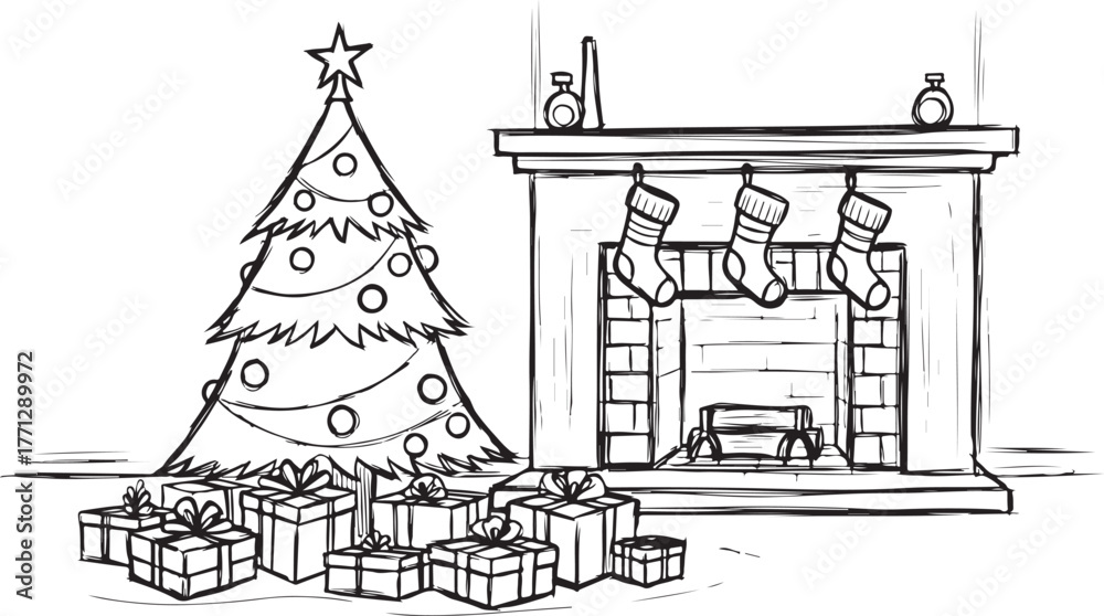 Fototapeta premium Cozy christmas scene with decorated tree presents and fireplace with stockings vector