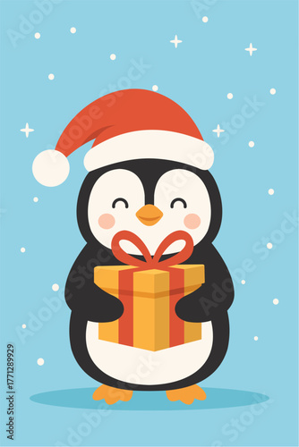 Cute Penguin Holding Christmas Gift in Flat Modern Design