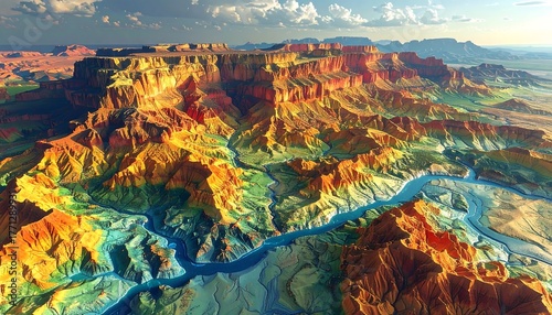 Grand Canyon-style landscape with a river flowing through multi-hued canyon walls under a partly cloudy sky