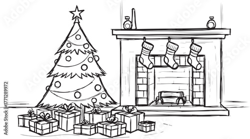 Cozy christmas scene with decorated tree presents and fireplace with stockings vector