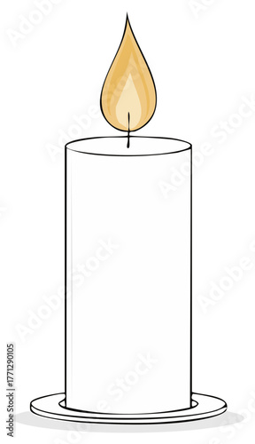 Cartoon illustration of a lit candle isolated against white, providing a simple and warm feeling.