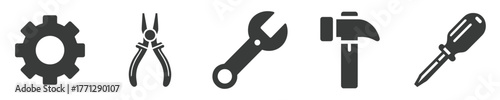 Work tools, repair set icons, wrench, hammer, screwdriver, pliers, and gear isolated silhouettes