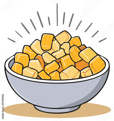 Cartoon illustration of a bowl overflowing with golden corn kernels. Shiny corn is served.